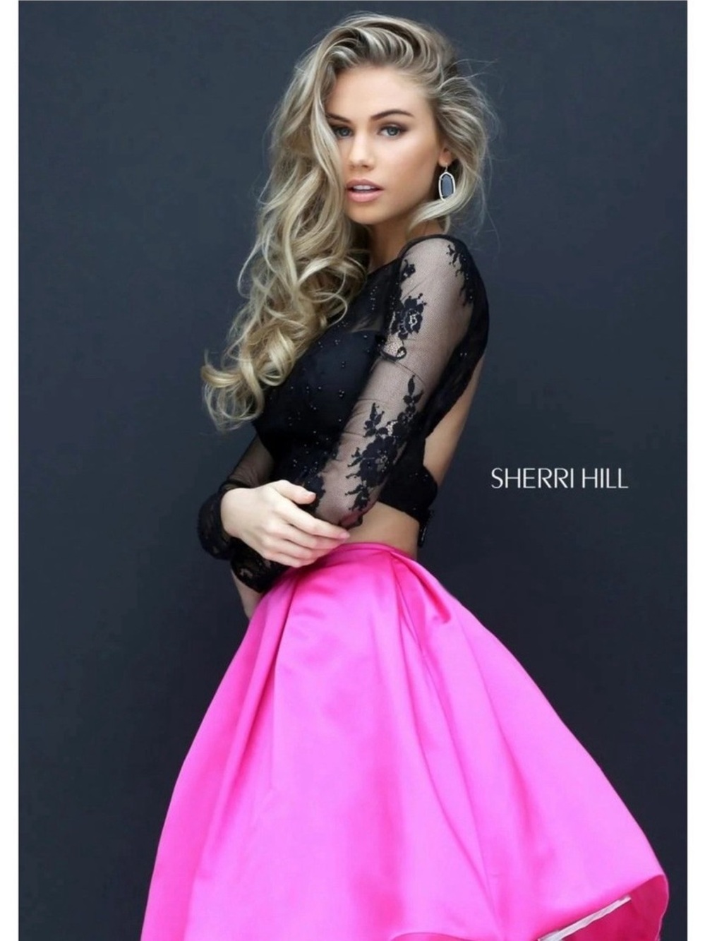 Sherri Hill Black Lace Crop Top with Bright Pink Full Skirt